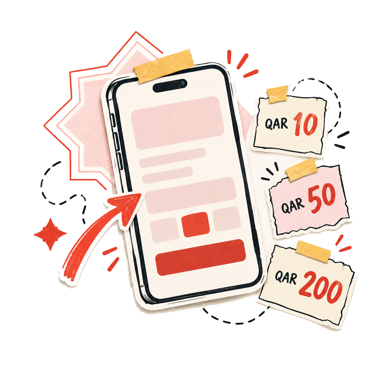 Ooredoo recharge request card with preset top up amounts in Qatari riyal